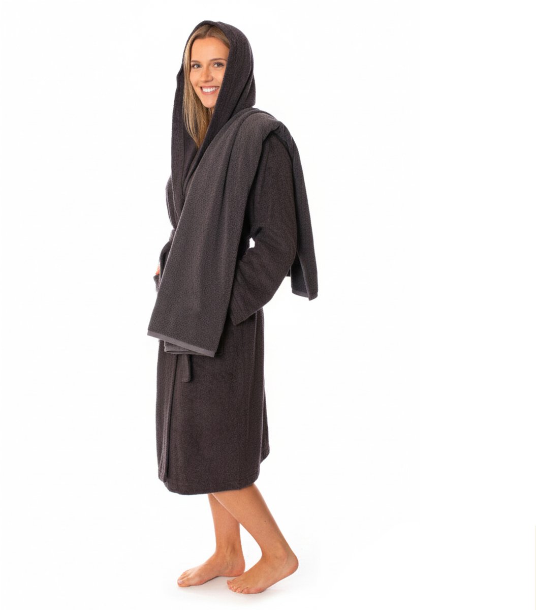 Lavea® Sauna Set Badjas Heren met Handdoek 80x200 cm – 100% Katoen, Zacht & Sterk Absorberend – Met Capuchon en Ceintuur – OEKO-TEX – Set Badjas XL + Sauna Handdoek – Antraciet