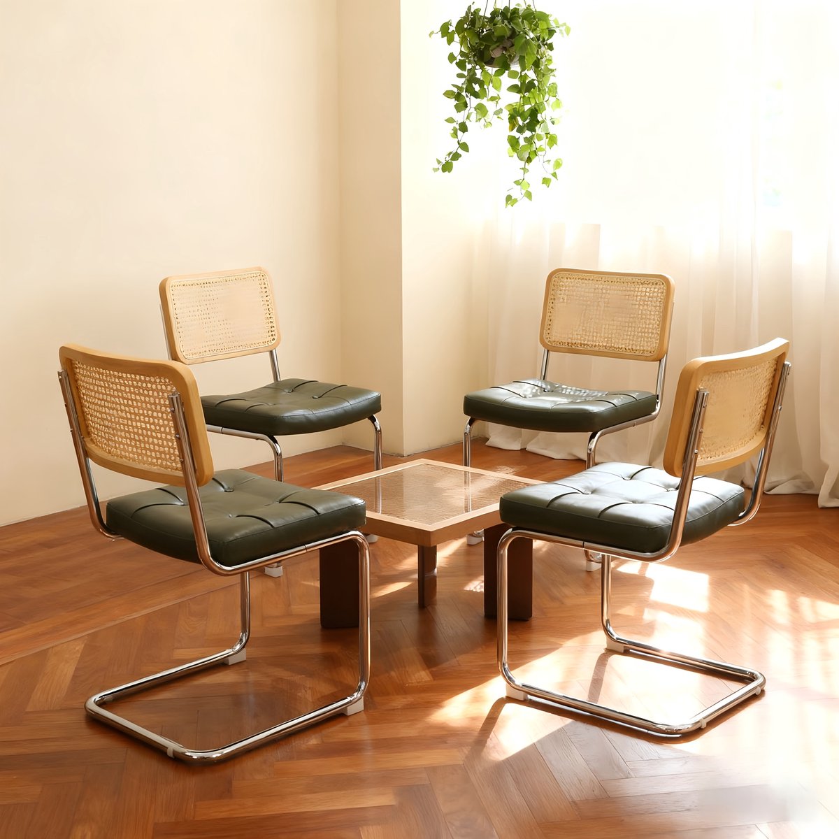 Clruro Eetkamerstoelen - 4 Stuks - PU Stoelen Rattan Look - Mid-Century Design Chrome Poten - Zwart Groen