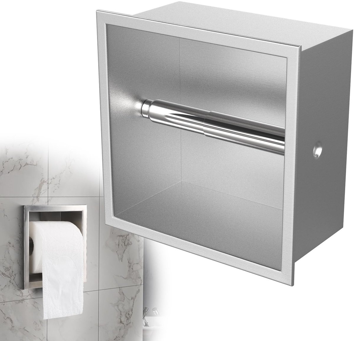 Dailygoods- Inbouwrolhouder Roestvrij Staal 17 x 17 x 8,6 cm - Ruimtebesparend - Toiletrolhouder - Badkameraccessoires - Snelle Vervanging - Geschikt voor Kleine Badkamers - Toiletpapierhouder