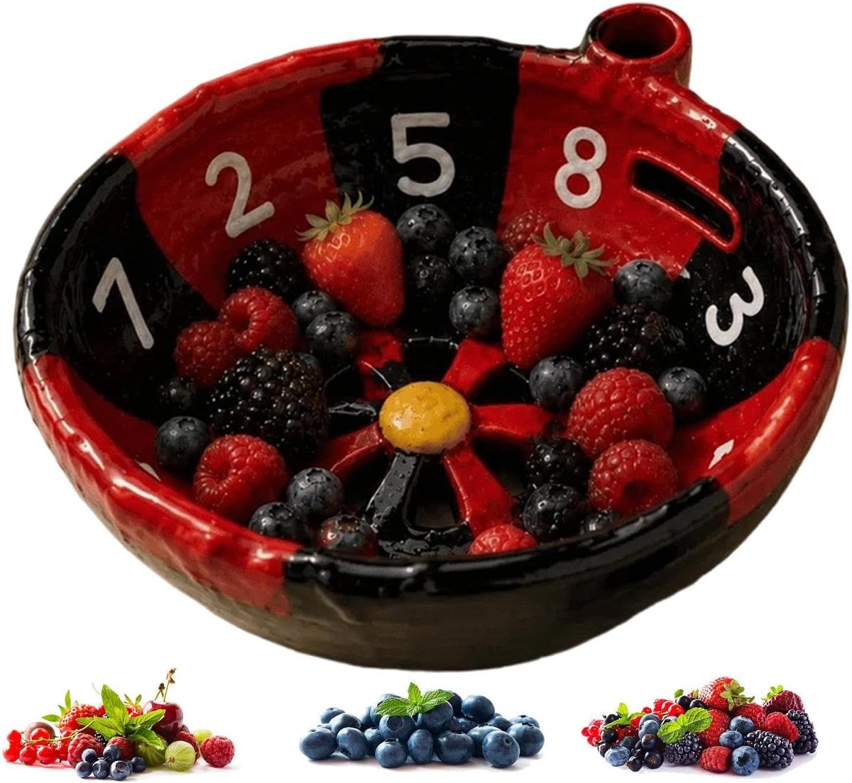 Zelfdraaiende Bessenwasbak - 360° draaiende fruit - kunststof Fruitwaskom - Multifunctionele Spoelmand - Bessen Wasbak- Fruitschaal - Draaibare Groentezeef - Sla centrifuge - Duurzaam & Eetveilig - Voor Fruit,Bessen, Aardbeien - 15cm - Rood