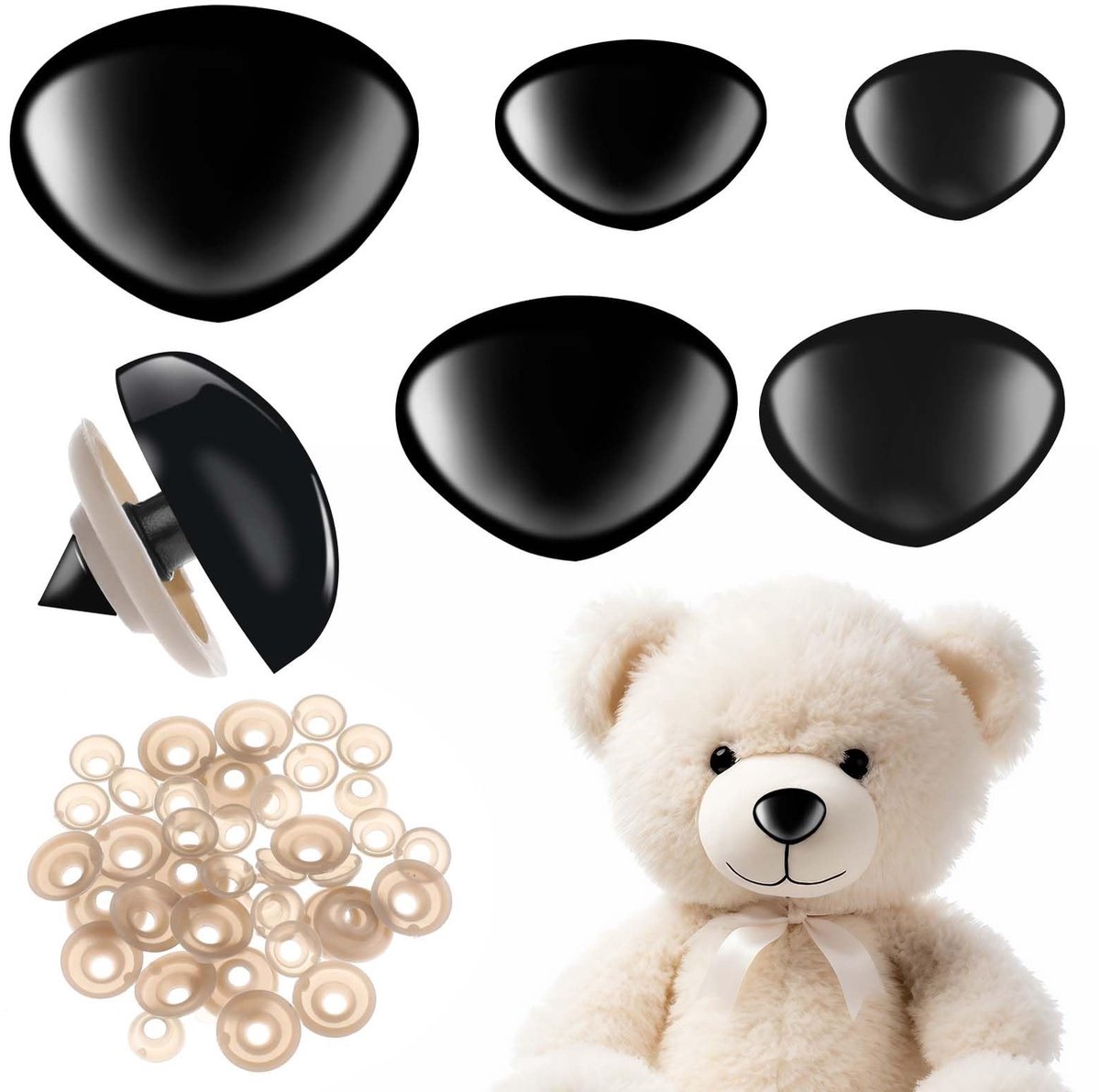 Dailygoods- Veiligheidsneuzen 25 stuks - 30/24/22/18/15 mm - Zwart met sluitringen - Kunststof - Duurzaam - Geschikt voor haakdieren en marionetten - Poppenneuzen