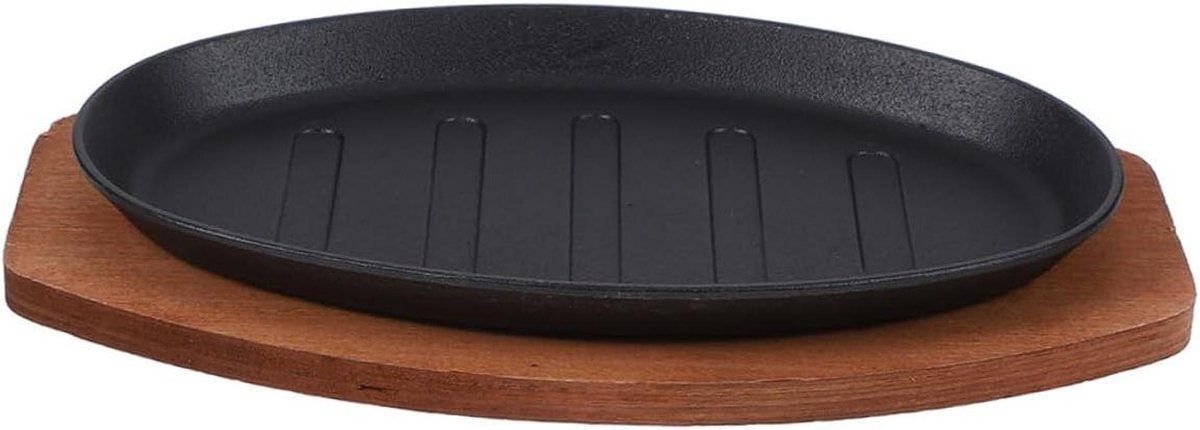 Gietijzeren Koekenpan - Grillplaat Plaat - Steak Bakken - Met Houten Basis - 28 x 17 cm - Zwart