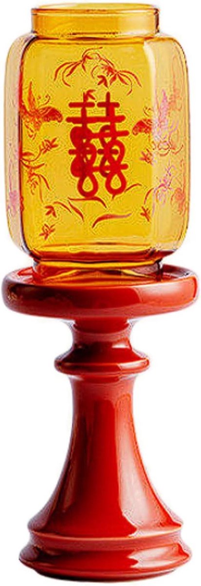 Kandelaar met koepel - Glazen kaarsenhouder - Sfeervolle decoratie - Handgemaakt vakmanschap - 22 cm hoog - Amber en rood
