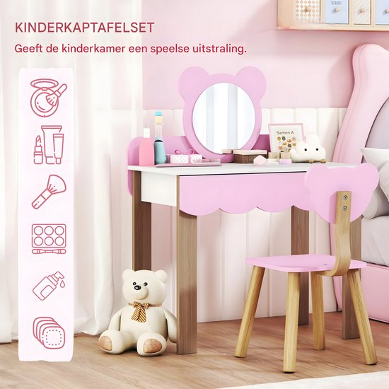 Roze kinder kaptafel met berenvormige spiegel, krukje en illustraties van make-up.