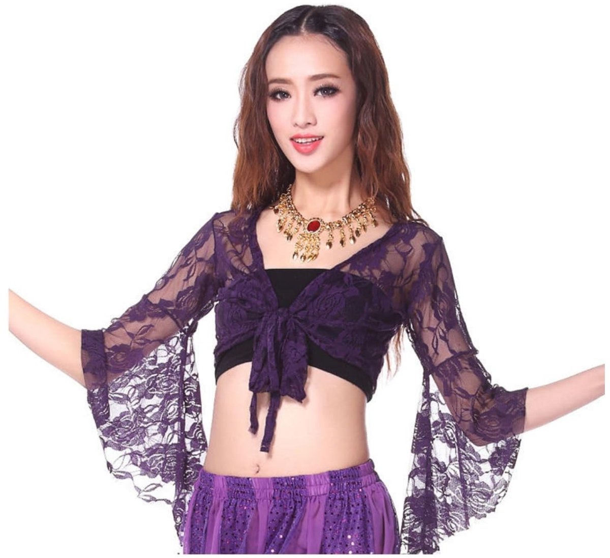 Dailygoods- Crop Top Dames - Wikkeltop met Knoopband - 3/4 Uitlopende Mouwen - Ademend Jacquard Kant - Geschikt voor Buikdans en Yoga - Danstop