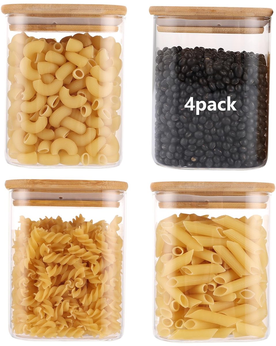 Dailygoods- Voorraadpotten 4 stuks 850 ml - Borosilicaatglas - Bamboedeksel - Vaatwasmachinebestendig - Opbergpotten - Goede afdichting