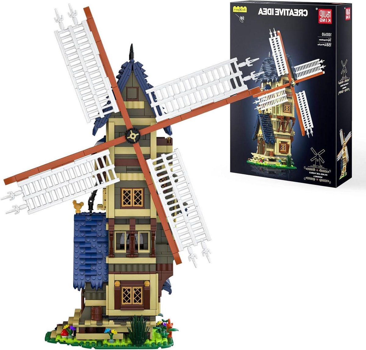 Bouwblokken Windmolen - Modelbouw Set - Creatief Bouwen - Draaibare Bladen - 46 cm Hoog - Blauw Meerkleurig