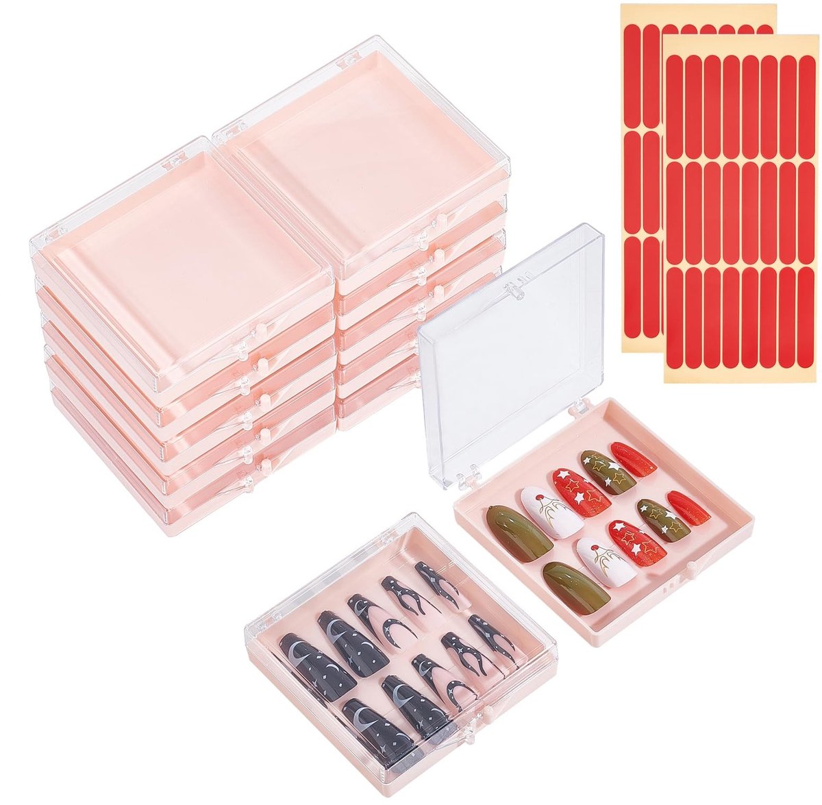 Dailygoods- Nagelboxen Set van 12 - Transparante Opbergdozen - Kunstnagels Verpakking - Acrylnagels - Dubbelzijdige Plakband - Afmetingen 8 x 7 x 1.8 cm - Nagelopbergdoos