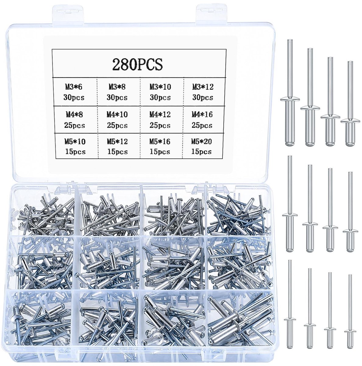 Dailygoods- Blindklinknagels 280 Stuks - Aluminium Klinknagels - Popklinknagels met Flens - Klinknagels voor Metaal/Hout/Kunststof - Hoogwaardig Koolstofstaal - Lange Houdbaarheid