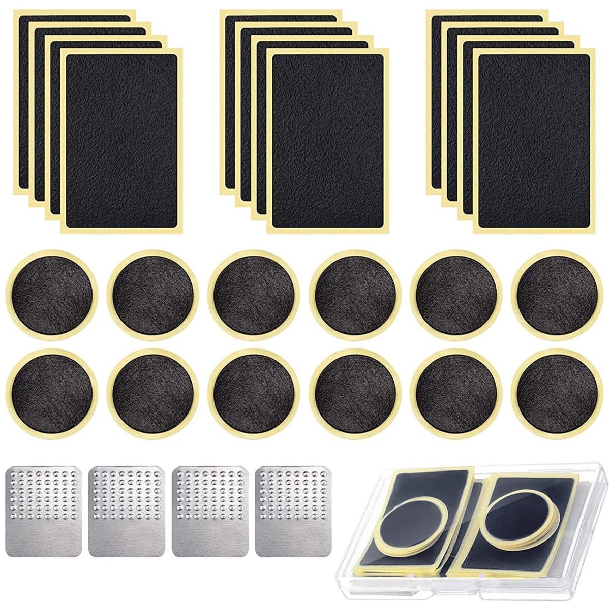 Dailygoods- Fietsbandenreparatieset 28 Stuks - Plakvrij - Zelfklevende Binnenslang - Rubber Patches - Metalen Rasp - Handig voor Thuisgebruik - Bandreparatieset