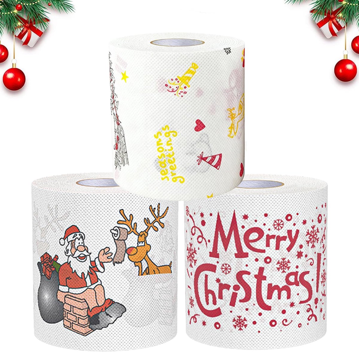 Dailygoods- Toiletpapier 3 Rollen - Kerstthema - Grappig Cadeau - 2 Laags - Vrolijk Kerstfeest - Hoogwaardig Zacht Papier - Kerstpapier