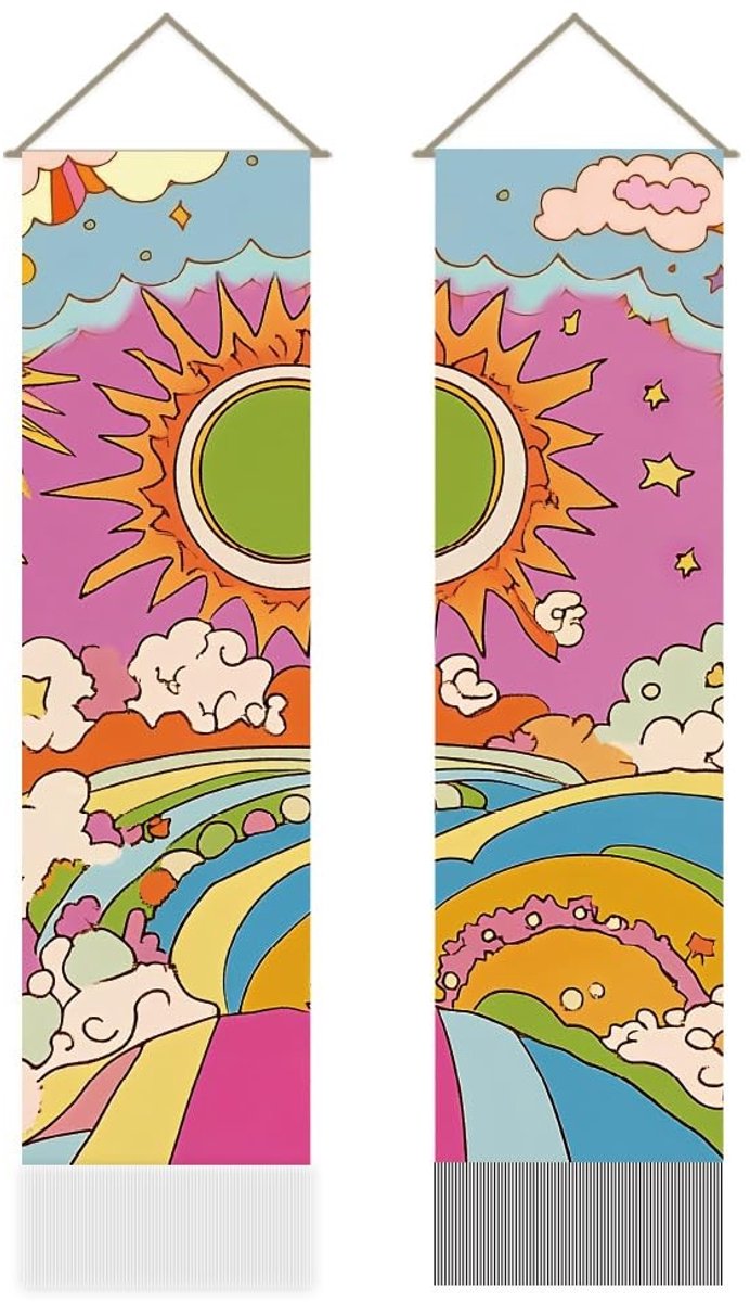 Dailygoods- Tapijt Vintage - Set van 2 - Bloemen/Zon/Regenboog - Wanddecoratie - 33 x 130 cm - Voor Slaapkamer/Woonkamer - Vloerkleed