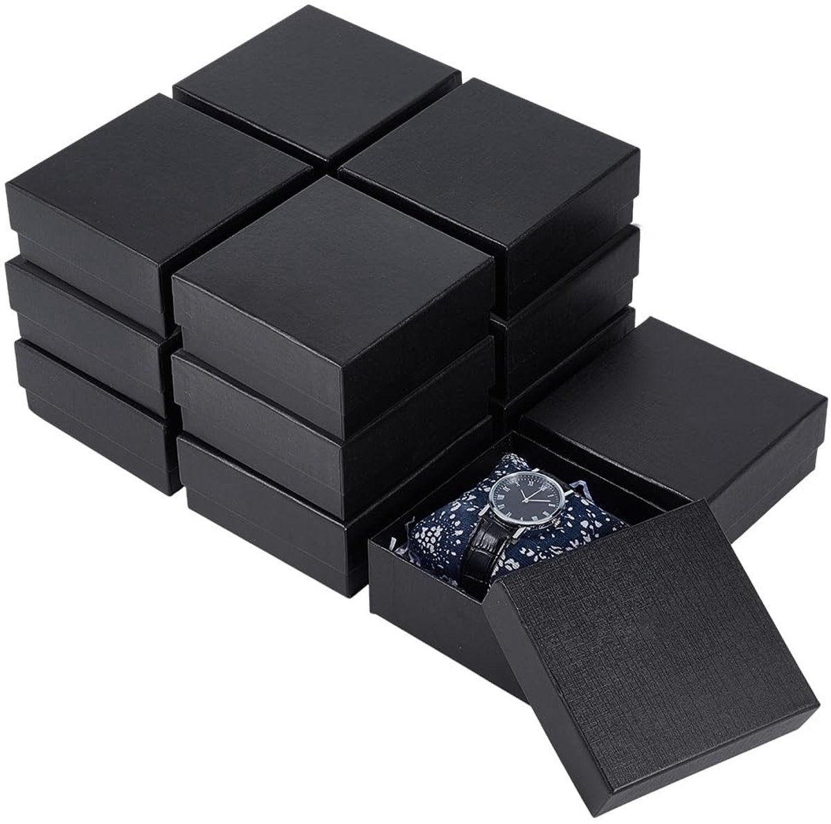 Dailygoods- Geschenkdoos 16 Stuks - Zwarte Geschenkdozen - 12 × 12 × 5,1 cm - Met Deksel - Vierkant - Feestdagen Verpakking - Cadeauverpakking