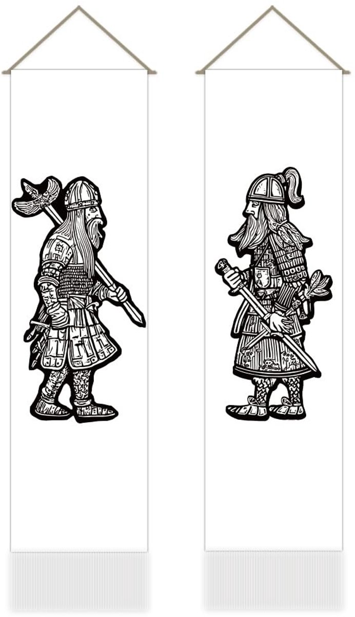 Dailygoods- Wandtapijt Set van 2 - Viking Warrior Decor - Noorse Krijgers - Muur Opknoping - 30,5 x 130 cm - Tapijt met Kwastje - Muurtapijt