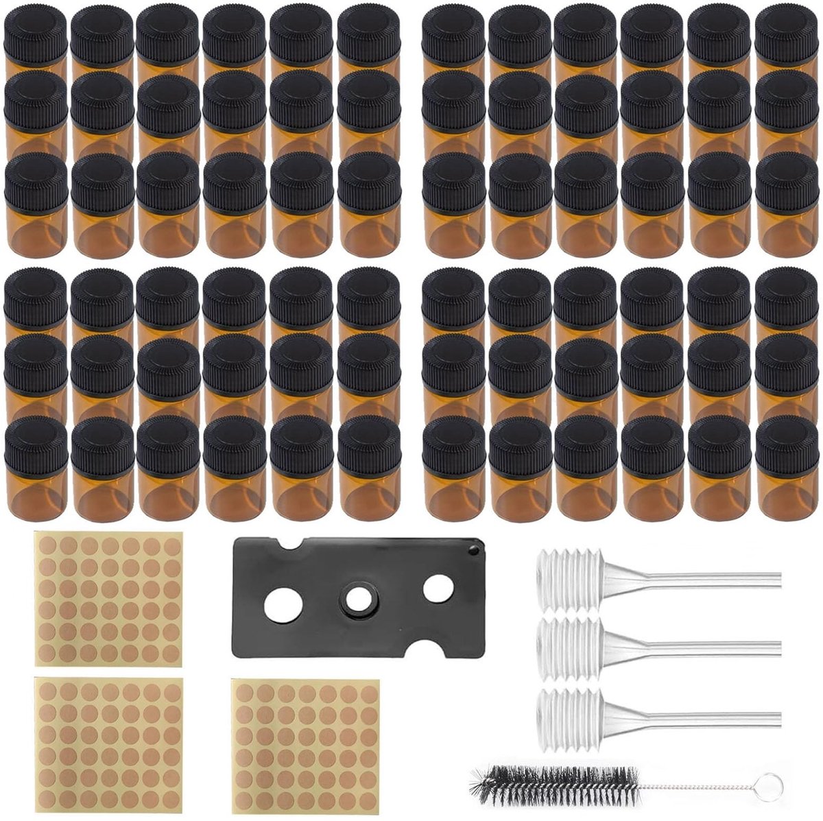Dailygoods- Glasflesjes 100 Stuks - Mini Bruine Flessen 1ML - Voor Essentiële Oliën - Robuust Bruin Glas - Met Inzetstukken en Accessoires - Olieflessen