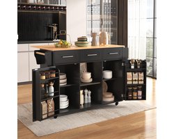 Bladez Multifunctional Kitchen Trolley and Dining Trolley, Kitchen Island with Folding Worktop, Storage Space and Wheels, Drawers for Kitchen and Dining Room, Black A + Nature