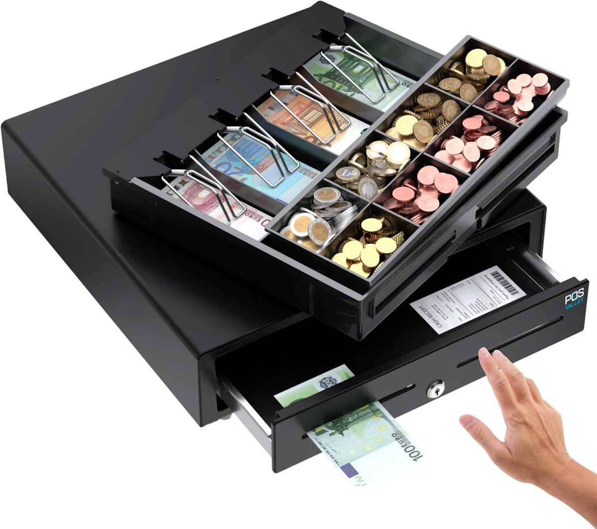 Cash drawer cash drawer, safe with key, 8 coin compartments / 4 banknotes, front panel print opening, Black, 41x41 cm