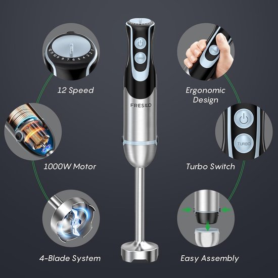Staafmixer Set - Keukenmixer Accessoires - Maaltijden Bereiden - Krachtige 1000W Motor - 12 Snelheden - Zilver — afbeelding 4