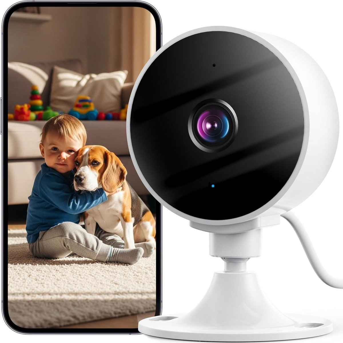 Binnen 2K 3MP Camera, WiFi Babyfoon en Huisdiercamera met Bewegingsdetectie, Twee-weg Audio, Nachtzicht, Compatibel met Alexa en Google Assistant, SD/Cloud, Alleen 2,4GHz WiFi
