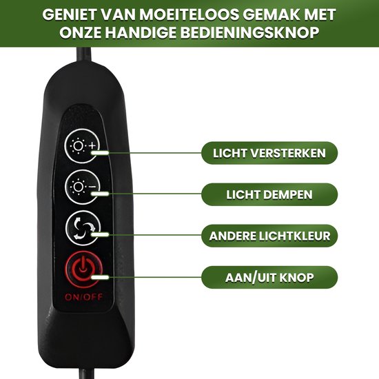 Zwarte bedieningsknop met aan/uit, dimmen, versterken en kleur wisselen voor de loeplamp.