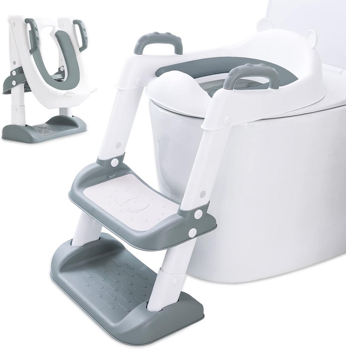 Kinder toilet trainer - Potty training stoel - Zelfstandig naar toilet - Verstelbare trap - Tot 75 kg - Wit grijs