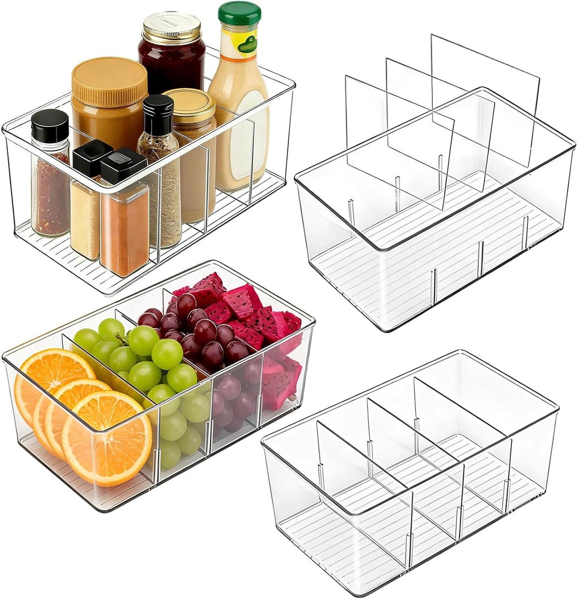 Koelkast Opbergers - Voedsel Containers - Keuken Organisatie - Met Verwijderbare Verdelers - 4 Stuks - Transparant