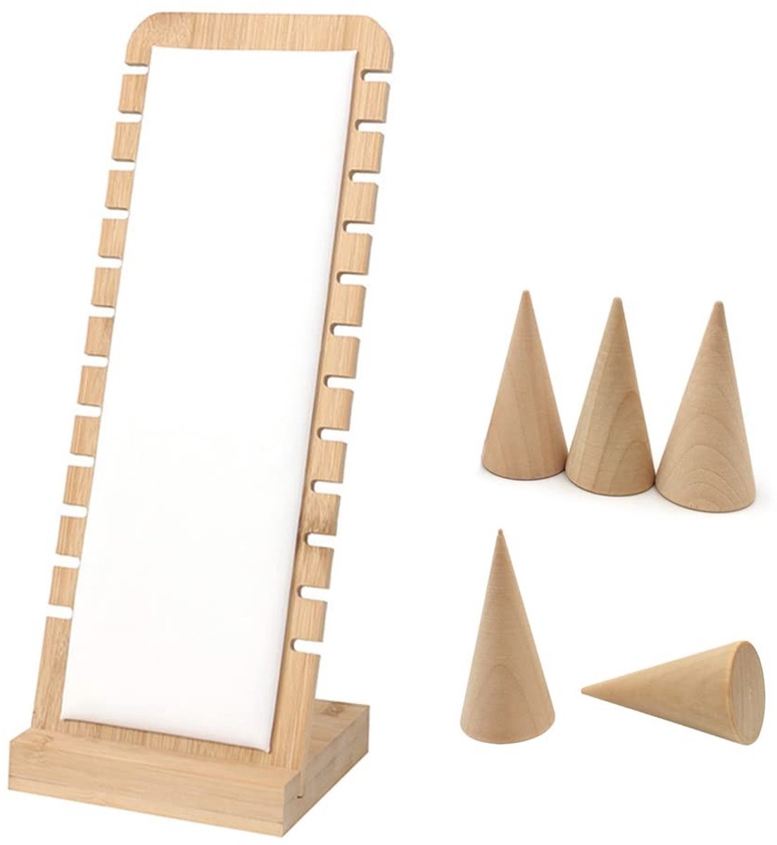 Dailygoods- Sieradenstandaard met 5 Kegelvormige Displays - Houten Sieradenhouder - Duurzaam Bamboehout - Ruimtebesparend Ontwerp - 12 Vakken voor Kettingen en Armbanden