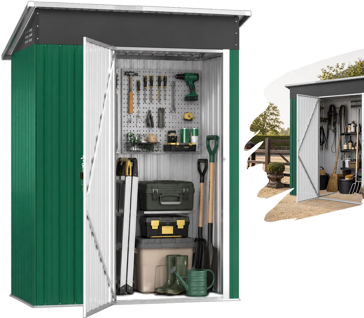 Froadp 6 x 4FT Groen metalen opbergschuurtje voor buiten — Met schuifdeuren en vergrendeling — Inclusief montagemateriaal — Ideaal voor het opbergen van tuingereedschap, fietsen en zwembadbenodigdheden