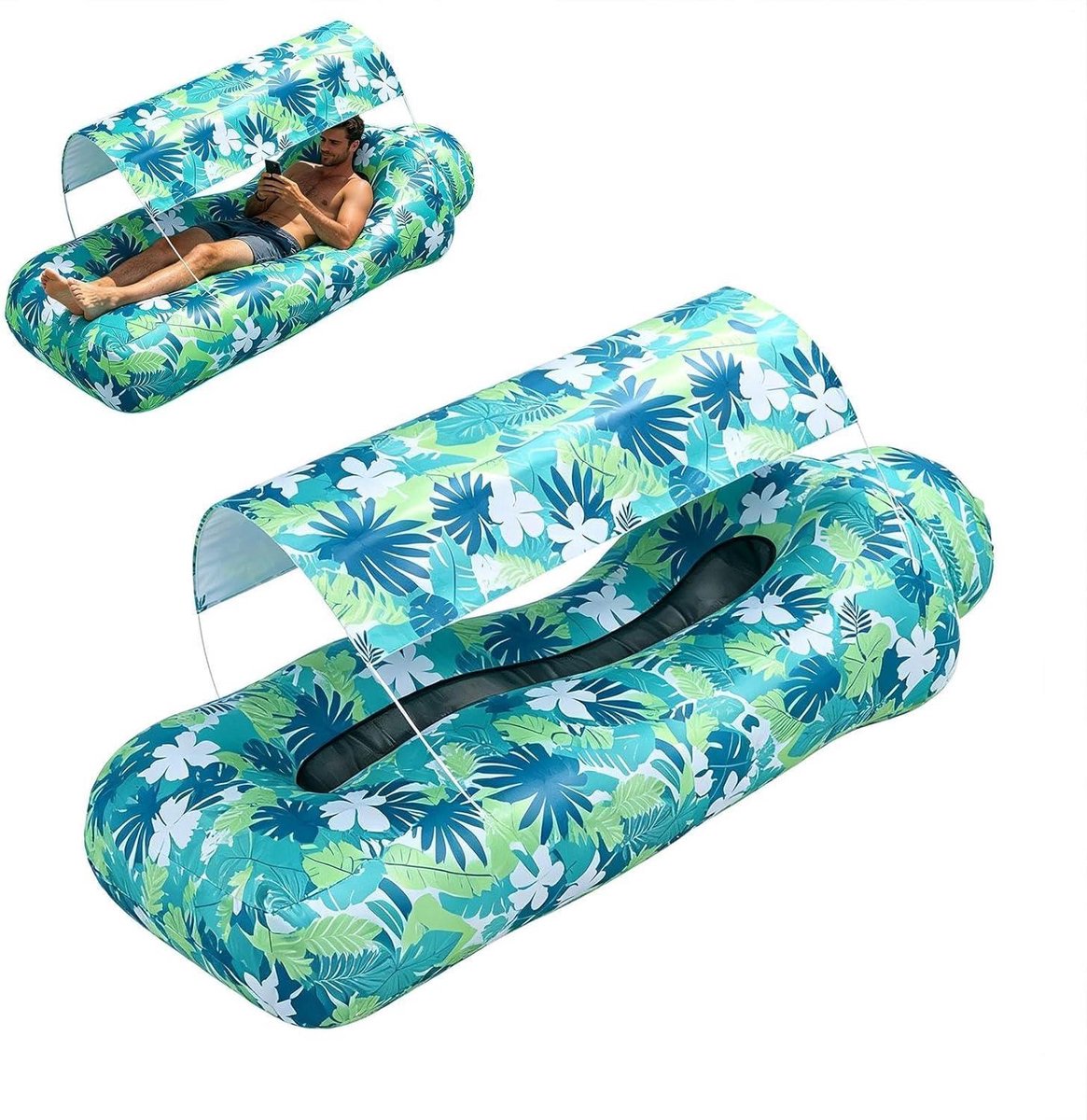Opblaasbaar Ligbed - Luchtbank Strandstoel - Buiten Ontspannen - Met Zonnescherm - 190x75cm - Groen