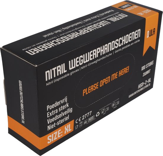 Hoek van een doos DULA nitril wegwerphandschoenen, maat XL, zwart, 100 stuks. "SIZE: XL" is duidelijk zichtbaar.