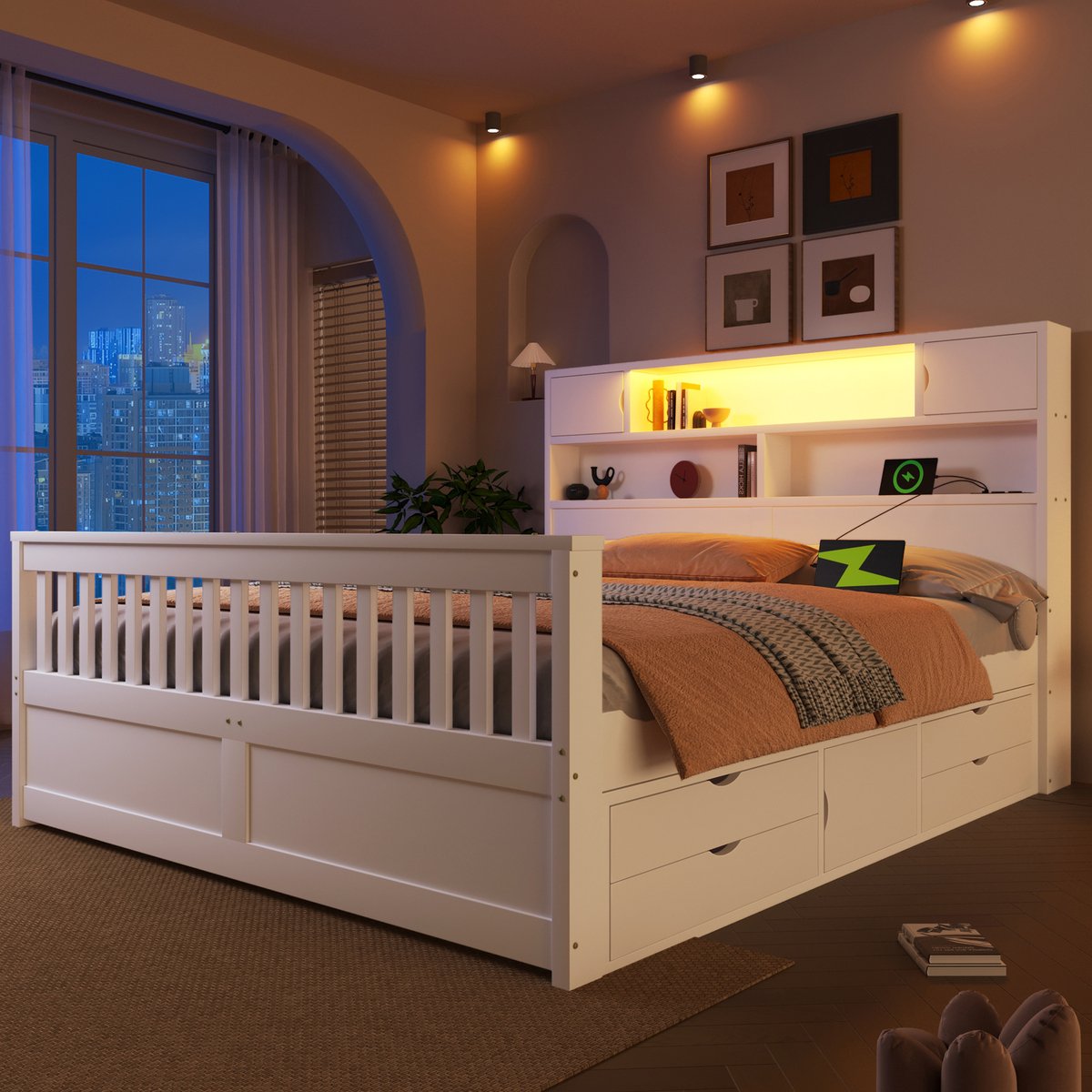 HAUSS SPOLE Platformbed 160x200 cm - Bedframe Met Led, Usb En 4 Laden - Met Opberghoofdbord - Zonder Matras - Hout - Wit