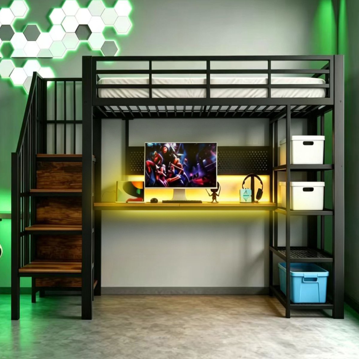 HAUSS SPOLE Metalen Hoogslaper 90x200 cm - Zonder Matras - Met Trapkast, Bureau, Ledverlichting en Stopcontact - Hout en Metaal - Zwart