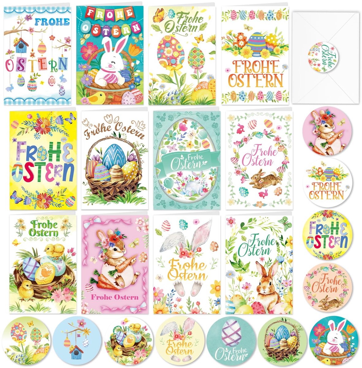 Dailygoods- Paaskaarten Set - 12 Vrolijke Paaskaarten - Met Envelopstickers - Vouwkaarten voor Pasen - Geschenkkaarten - Voor Kinderen en Volwassenen - Wenskaarten