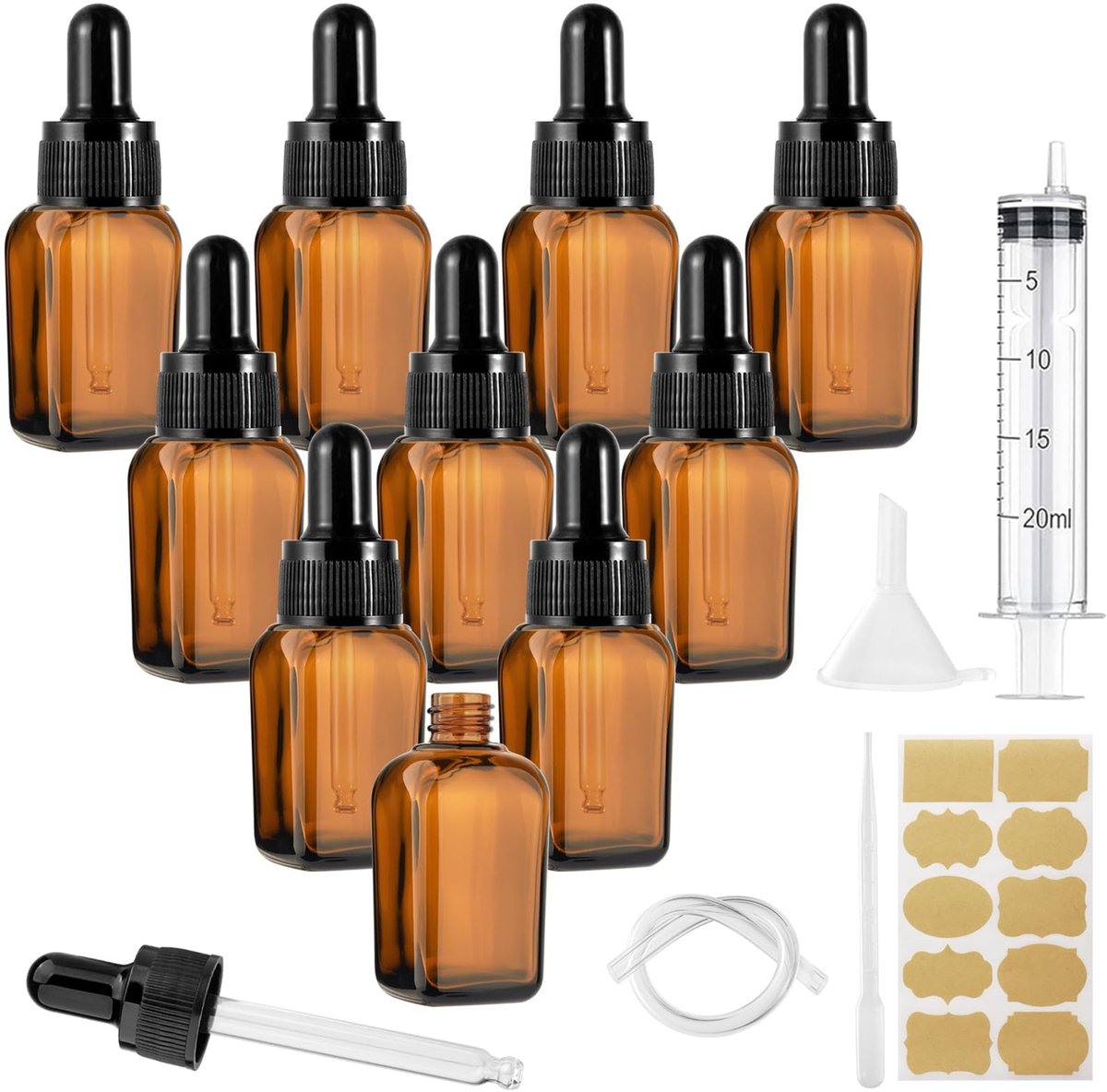 Dailygoods- Pipetflesjes 10 ml - Herbruikbare Glazen Fles - Amberkleurig - Stabiel Vierkant Ontwerp - 5 Accessoires - Geschikt voor Essentiële Olie - Druppelflesjes