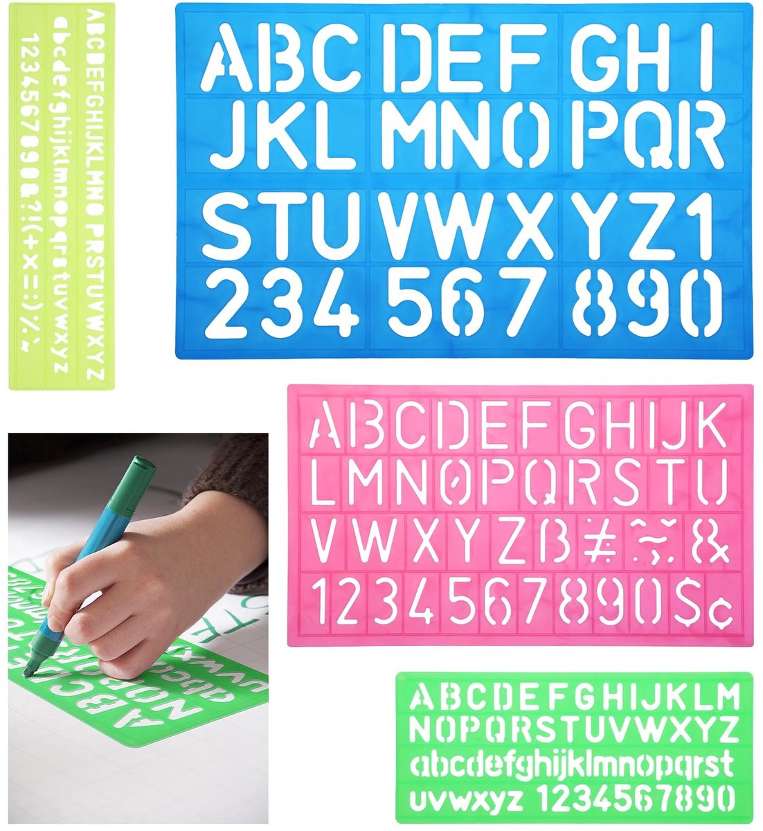 Dailygoods- Alfabetsjablonen 4 Stuks - Plastic Letterstencil - Verschillende Maten - Semi-Transparant - Geschikt voor Schilderen/Scrapbooking - Flexibel Materiaal - Letterstencils