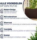 Grafisch overzicht van de voordelen van de plantenbak: modern design, waterafvoer, weerbestendig, veelzijdig, stabiel.