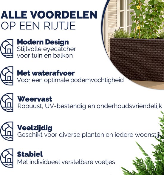 Grafisch overzicht van de voordelen van de plantenbak: modern design, waterafvoer, weerbestendig, veelzijdig, stabiel.