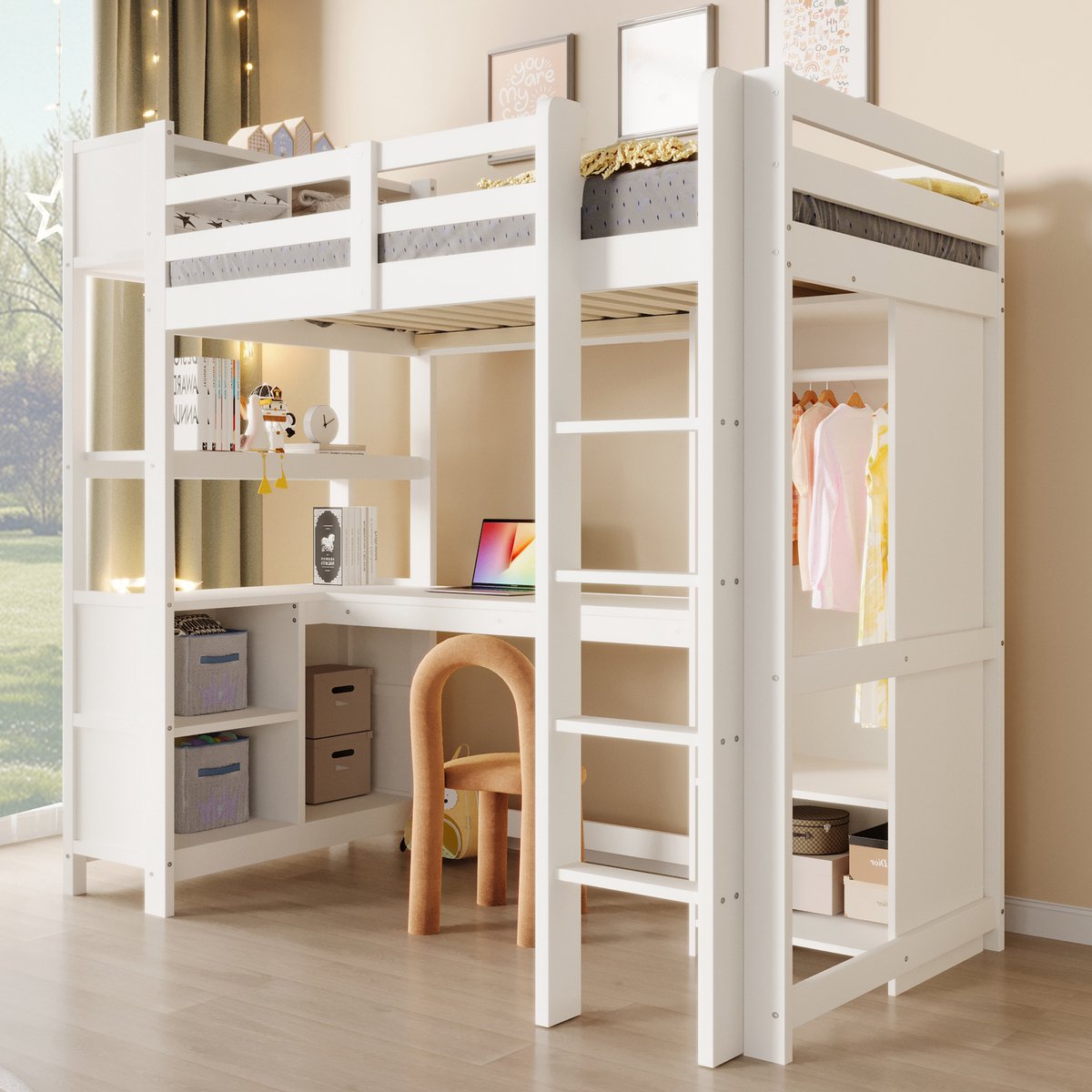 MODENUIT Hoogslaper 90x200 cm – Met Bureau, Open Rekken en Kledingkast – Ruimtebesparend – Grenen en MDF – Zonder matras – Wit