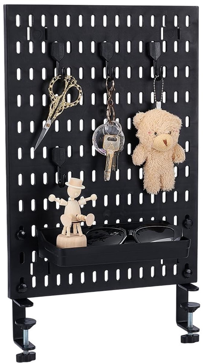 Dailygoods- Bureau Organizer Boorvrij - Zwarte Kunststof - Pegboard met Haken - 41,5 x 29,5 cm - Ideaal voor Kantoor/Gaming - Inclusief Opbergdoos - Opbergbord