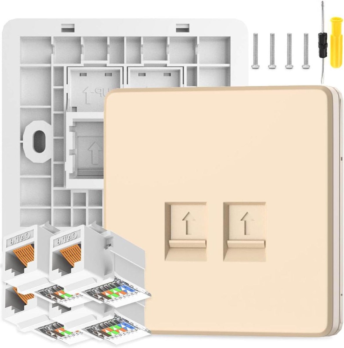 Netwerk Wandcontactdozen - Ethernet Aansluitingen - Stabiel Internet - Tool-free Installatie - 2 Poorten - Wit