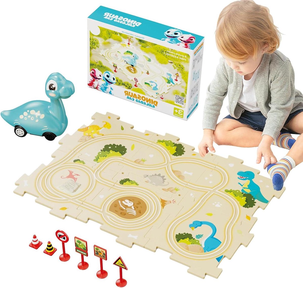 Puzzel Racebaan Auto - Dinosaurus Speelgoed - Leren Spelen - Flexibele Baanmontage - 14 of 28 Stuks - Multicolor