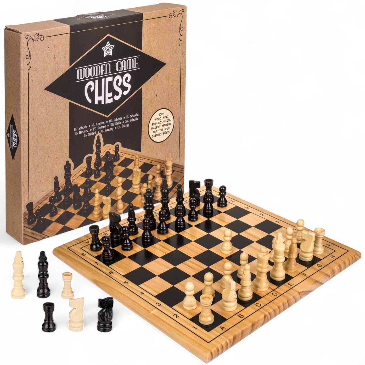 Dailygoods- Bordspel Houten - Schaak/Dame/Solitaire - Klassiek Spel - 28,5 x 28,5 cm - Duurzaam Design - Geschikt voor Kinderen/Volwassenen - Denkspel