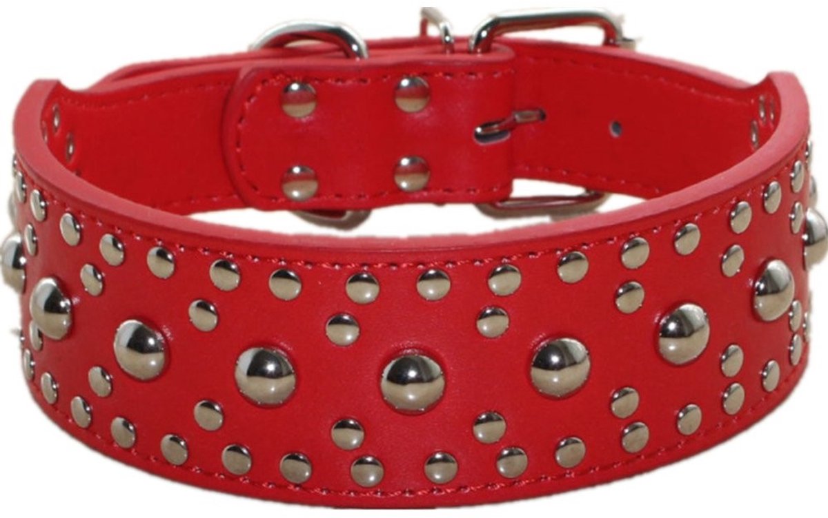 Dailygoods - Dailygoody - Unisex Studded Lederen Halsband - Veilig en Comfortabel - Rood - Perfect voor Grote Honden - Verstelbaar en Duurzaam - Ideaal voor Pitbul
