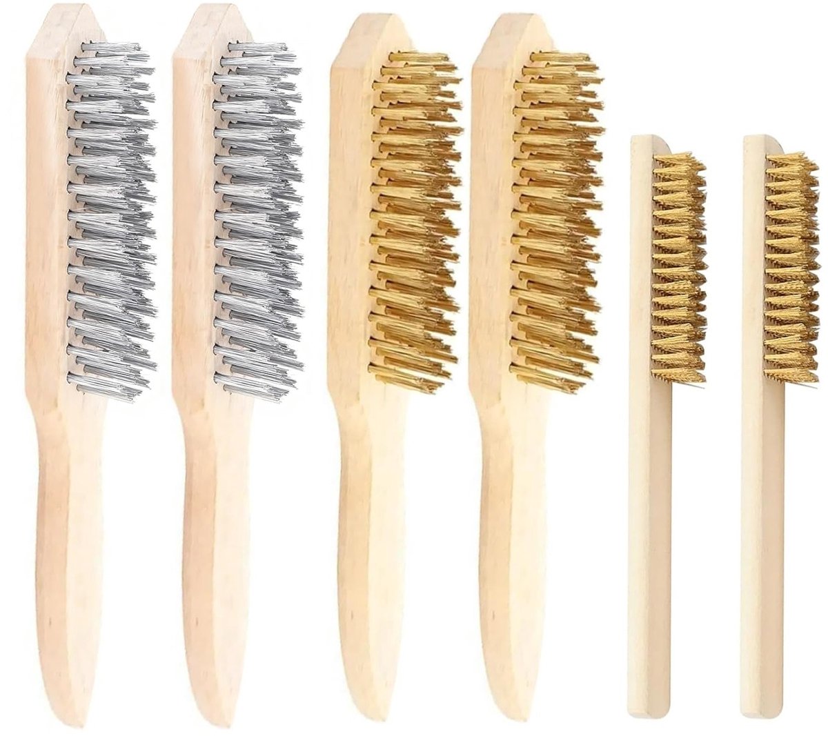 Set van 6 Messing Draadborstels met Houten Handvat voor het Reinigen van Verven, Roest en Vuil - 4 Grote (27CM) en 2 Kleine (20CM) Borstels in 3 Verschillende Maten