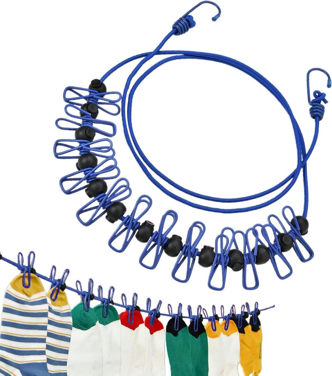 Waslijn met Clips - Reis Waslijn - Kleding Drogen - Winddicht Ontwerp - Tot 3.7 Meter - Blauw