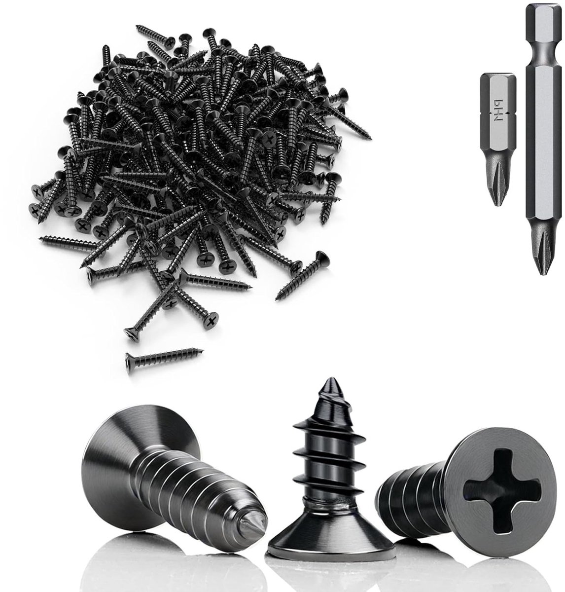 Set van 60 Zelftappende Schroeven M3 x 5 mm Zwart RVS Platkop voor Houtbewerking met Schroevendraaier Bit