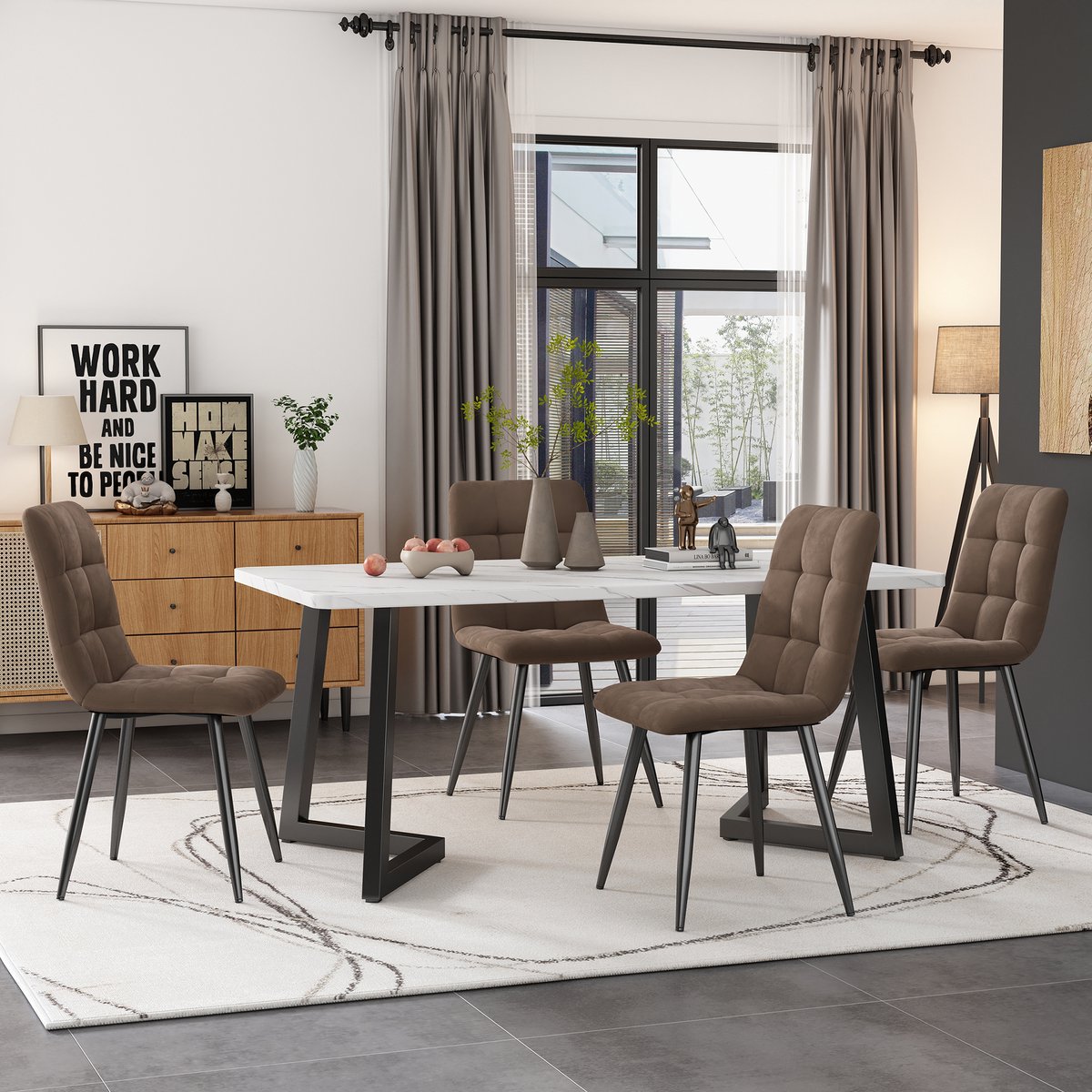 Moderne rechthoekige eettafelset - 5-delig - 1 eettafel en 4 stoelen - zwarte tafelpoot - wit tafelblad en bruine eetkamerstoelen
