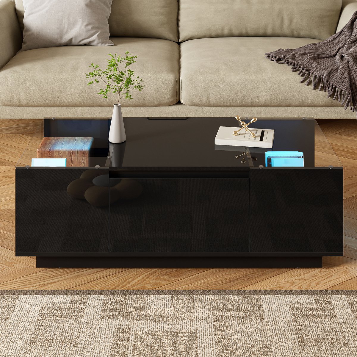 VVBV Woonkamertafel met Glasaccent, Opbergruimte - 2 Lades, Lift-Top, LED-Verlichting - Glas