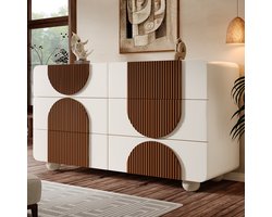 Kommode - 121x71x41 cm wit/chocolade - 6 lades & gebogen design - stille schuiven - anti-kip