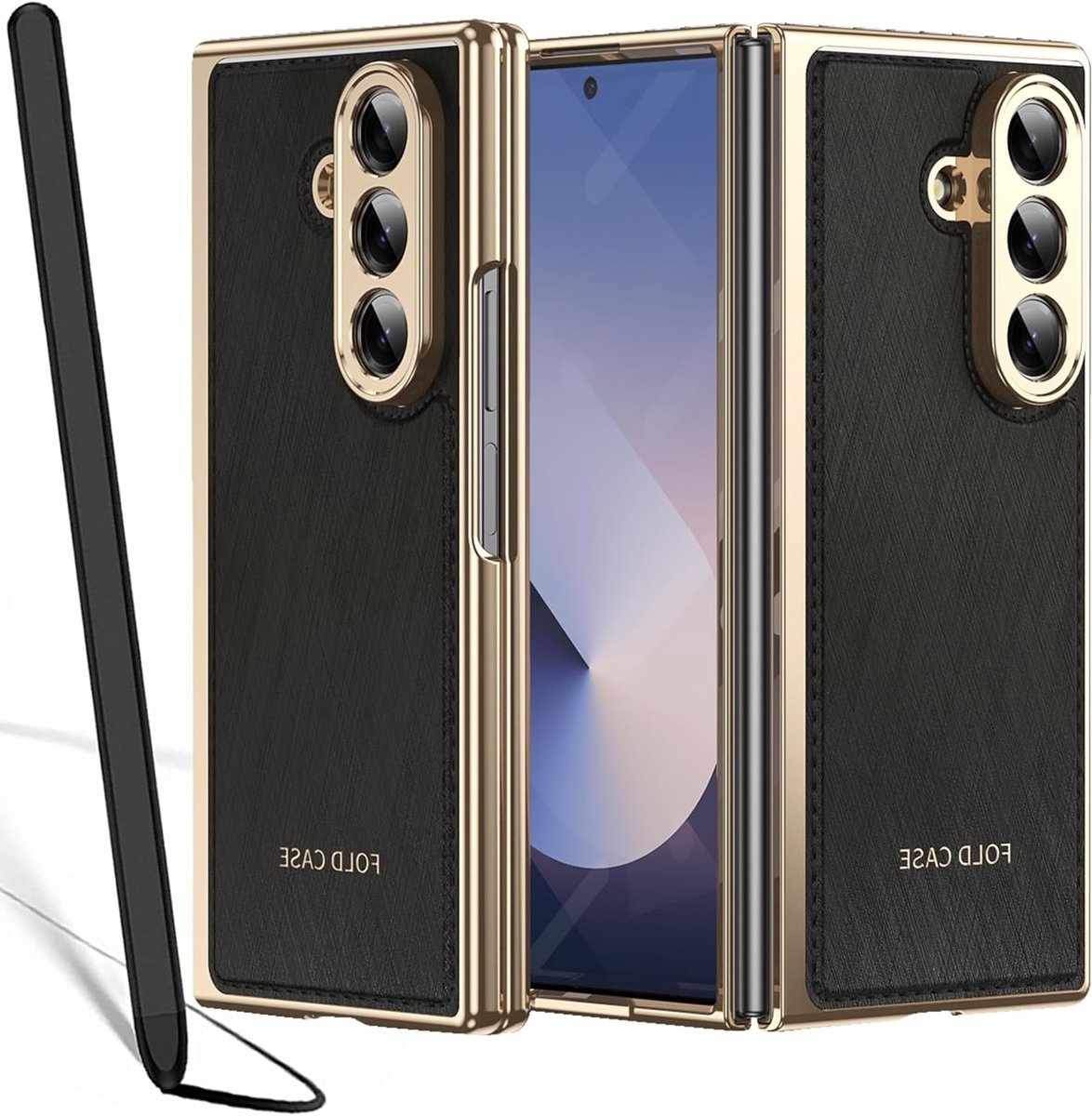 Stijlvolle PU Leren Hoes voor Galaxy Z Fold 7 met Antislip, Schermbeschermer en S Pen Vervanging - Zwart